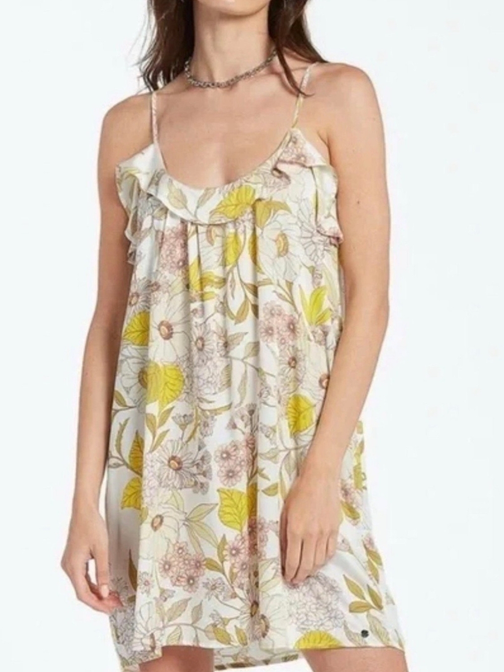 Volcom Floral Spaghetti Strap Ruffle Sundress - White with Yellow & Pink Floral